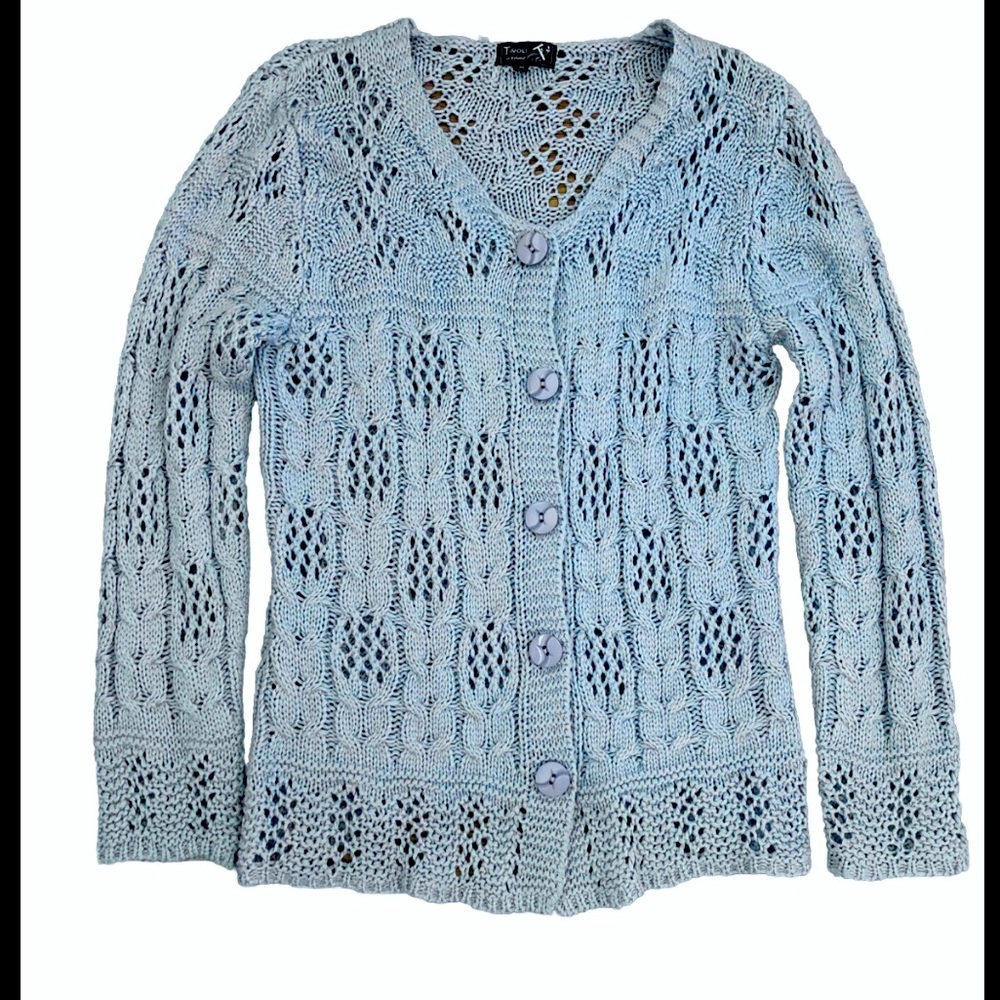 Tivoli of Ireland Knit Pointelle Scalloped Cardigan Sweater Light Blue Medium